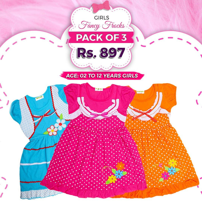 Girls Printed Half Sleeves Frock Pack Of 3 - test-store-for-chase-value
