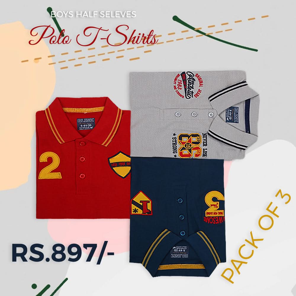 Boys Half Sleeves Polo T-Shirt Pack Of 3 - Multi, Kids, Boys T-Shirts, Chase Value, Chase Value