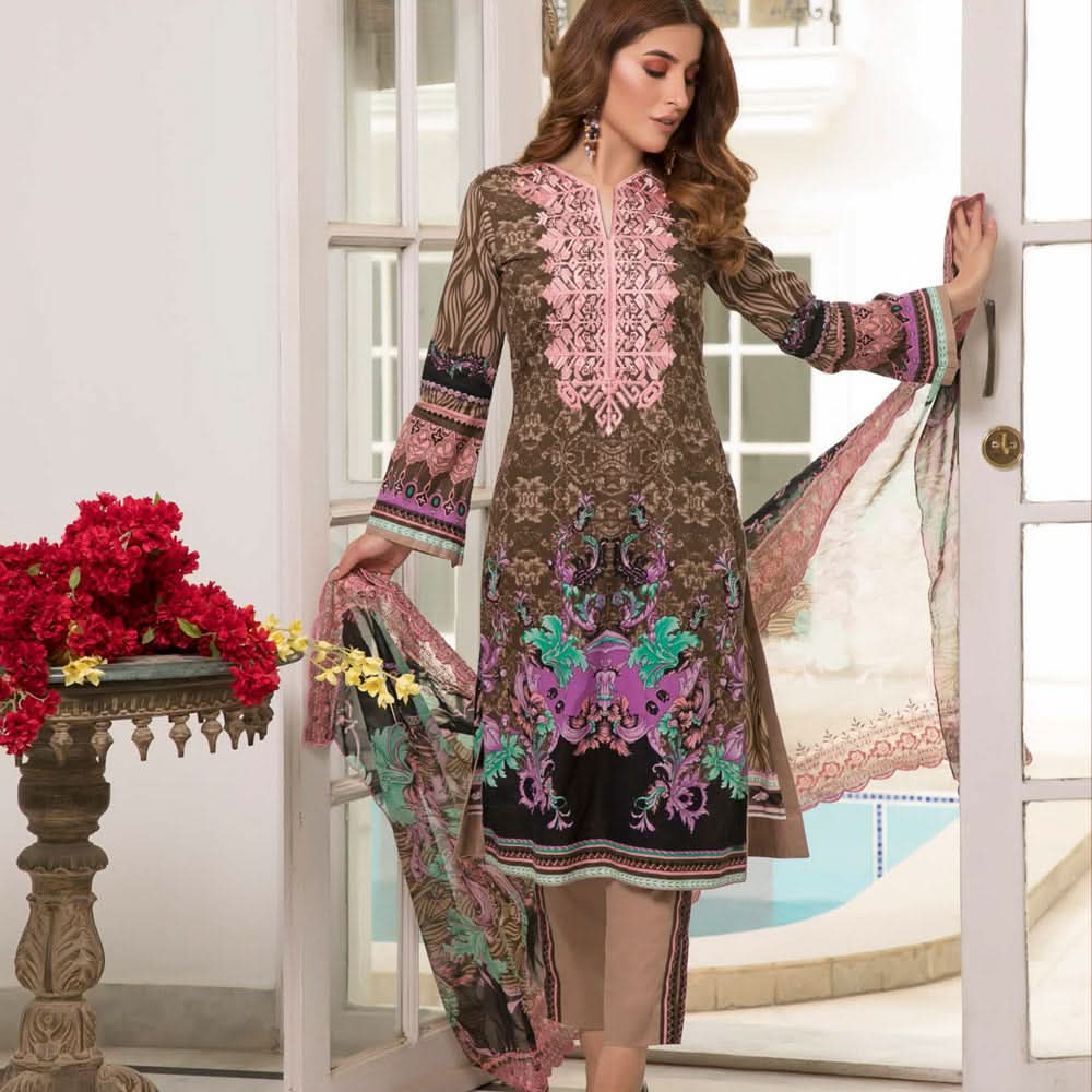 Zobia Noor Embroidered Lawn 3 Piece Un-Stitched Suit - B1, Women, 3Pcs Shalwar Suit, Salam's Textiles, Chase Value