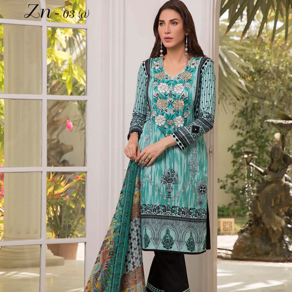 Zobia Noor Embroidered Lawn 3 Piece Un-Stitched Suit - A3, Women, 3Pcs Shalwar Suit, Salam's Textiles, Chase Value