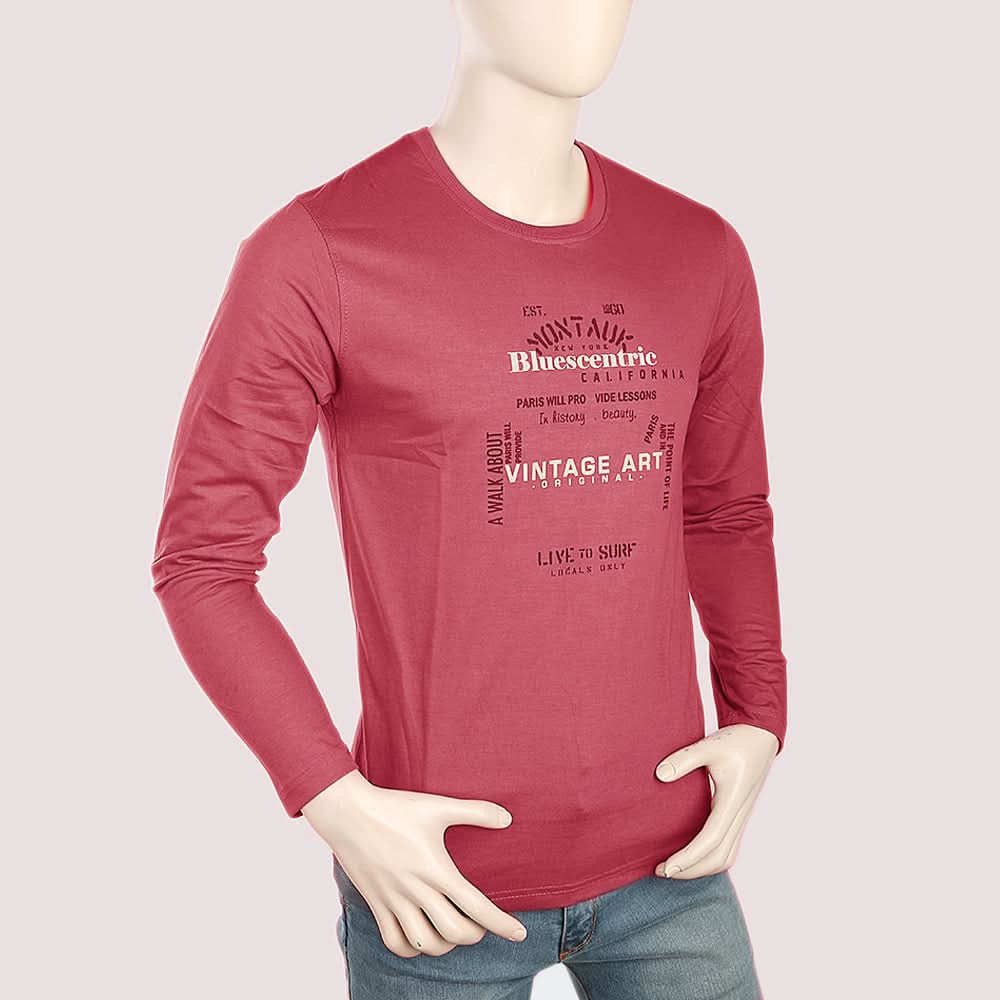 Men's Round Neck Full Sleeves Printed T-Shirt - Maroon, Men, T-Shirts And Polos, Chase Value, Chase Value
