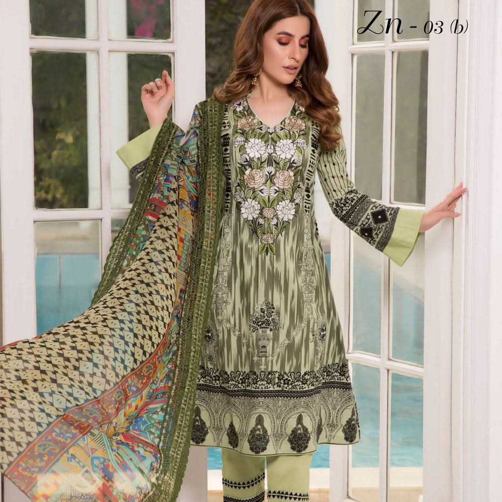 Zobia Noor Embroidered Lawn 3 Piece Un-Stitched Suit - B3, Women, 3Pcs Shalwar Suit, Salam's Textiles, Chase Value