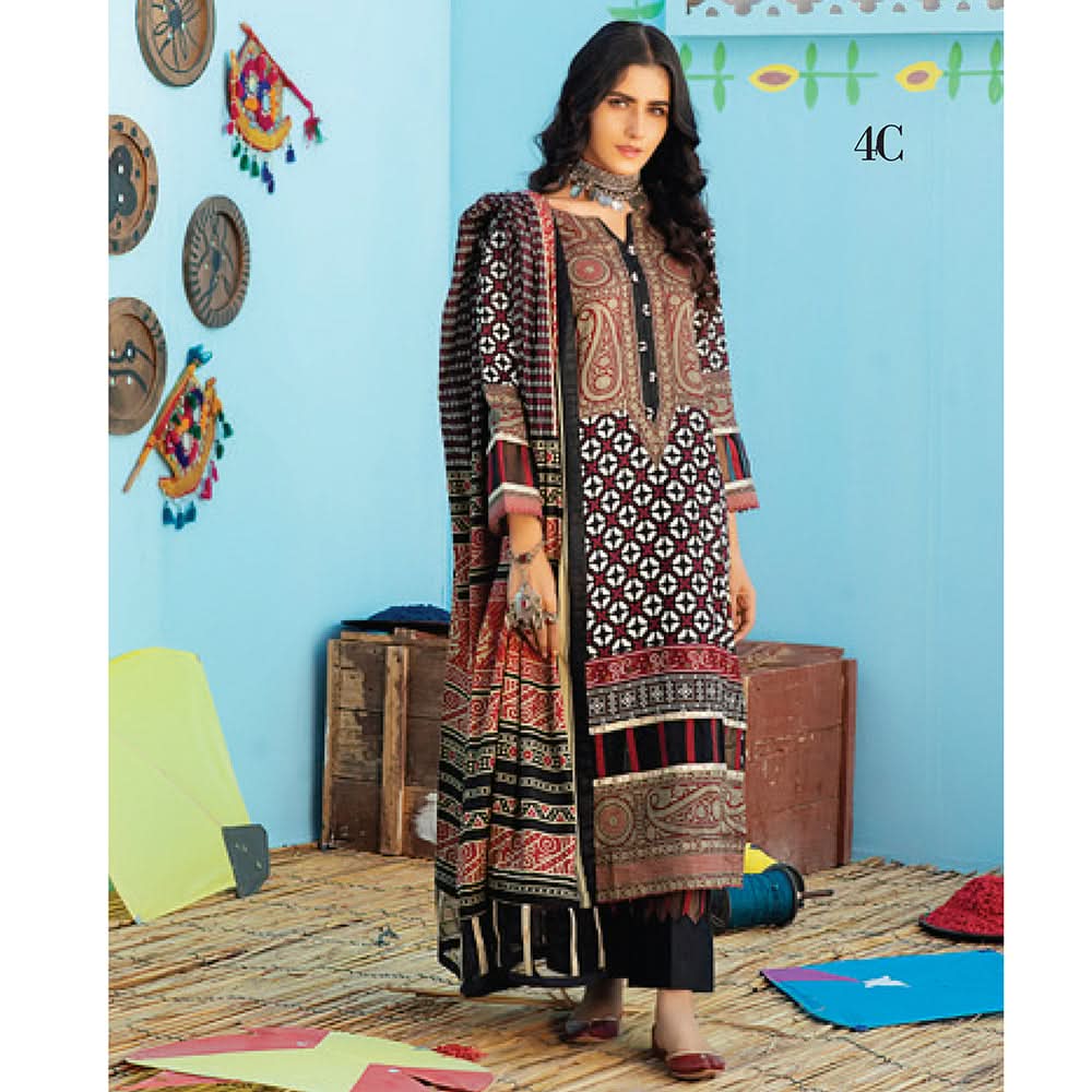 Monsoon Printed Lawn 3 Pcs Un-Stitched Suit Vol 1 - 4-C, Women, 3Pcs Shalwar Suit, Al-Zohaib Textiles, Chase Value