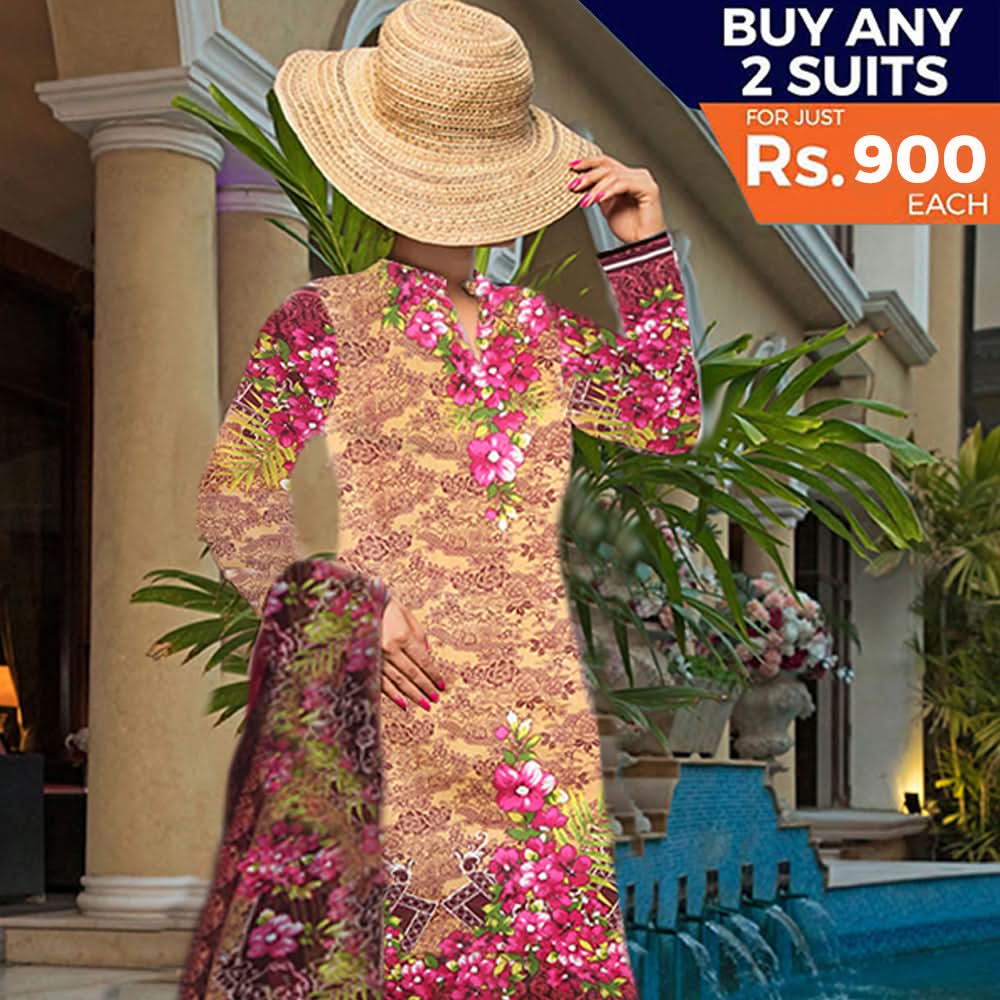 Khadde Printed Lawn 3 Piece Un-Stitched Suit - 02, Women, 3Pcs Shalwar Suit, United Textiles, Chase Value