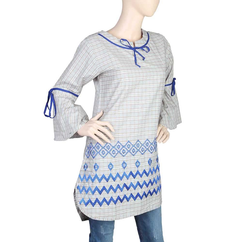 Women's Embroidered Checkered Kurti - Beige, Women, Ready Kurtis, Chase Value, Chase Value