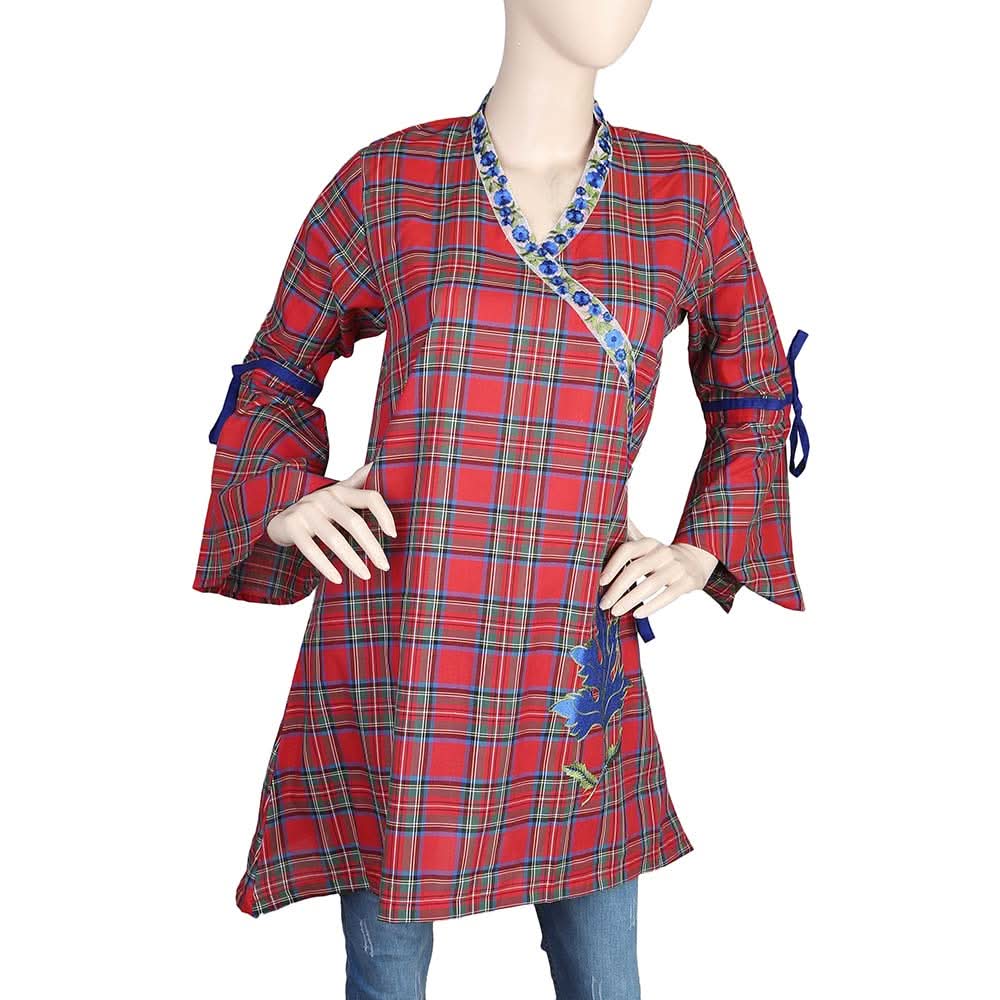Women's Embroidered Check Kurti - Maroon, Women, Ready Kurtis, Chase Value, Chase Value