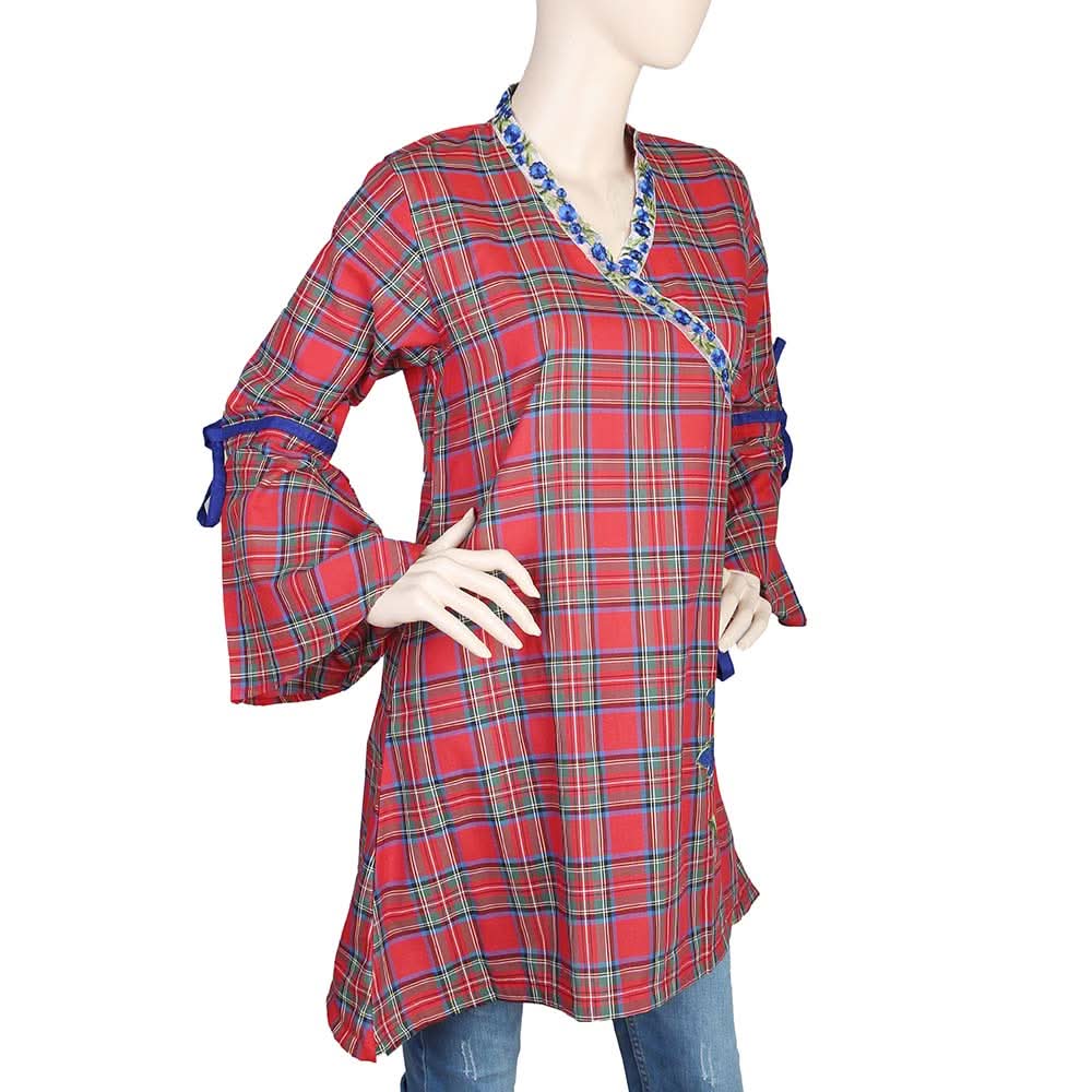 Women's Embroidered Check Kurti - Maroon, Women, Ready Kurtis, Chase Value, Chase Value