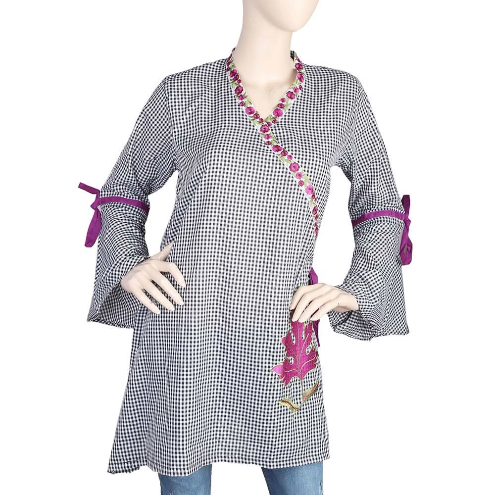 Women's Embroidered Check Kurti - Grey, Women, Ready Kurtis, Chase Value, Chase Value