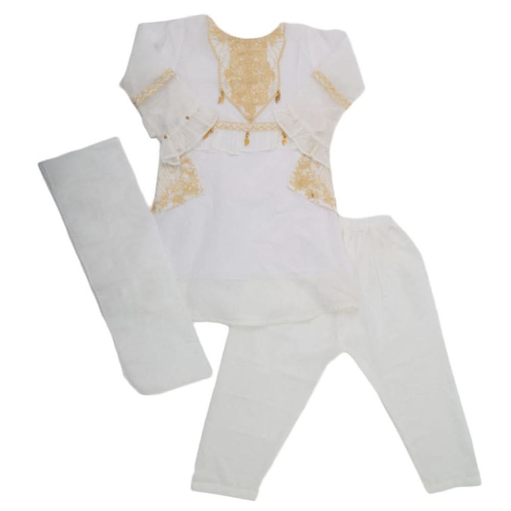 Girls 3Pcs Embroidery Shalwar Suit - White, Kids, Girls Shalwar Kameez, Chase Value, Chase Value
