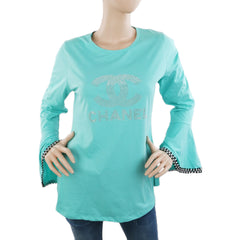 Women's Wide-Sleeve Stone T-Shirt - Cyan, Women, T-Shirts And Tops, Chase Value, Chase Value