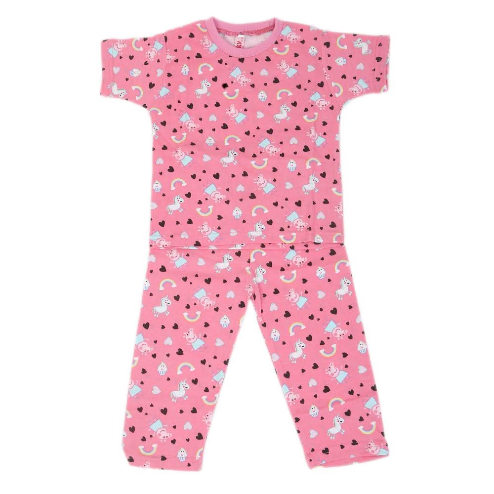 Girls Round Neck Night Suit  - Pink, Kids, Girls Sets And Suits, Chase Value, Chase Value