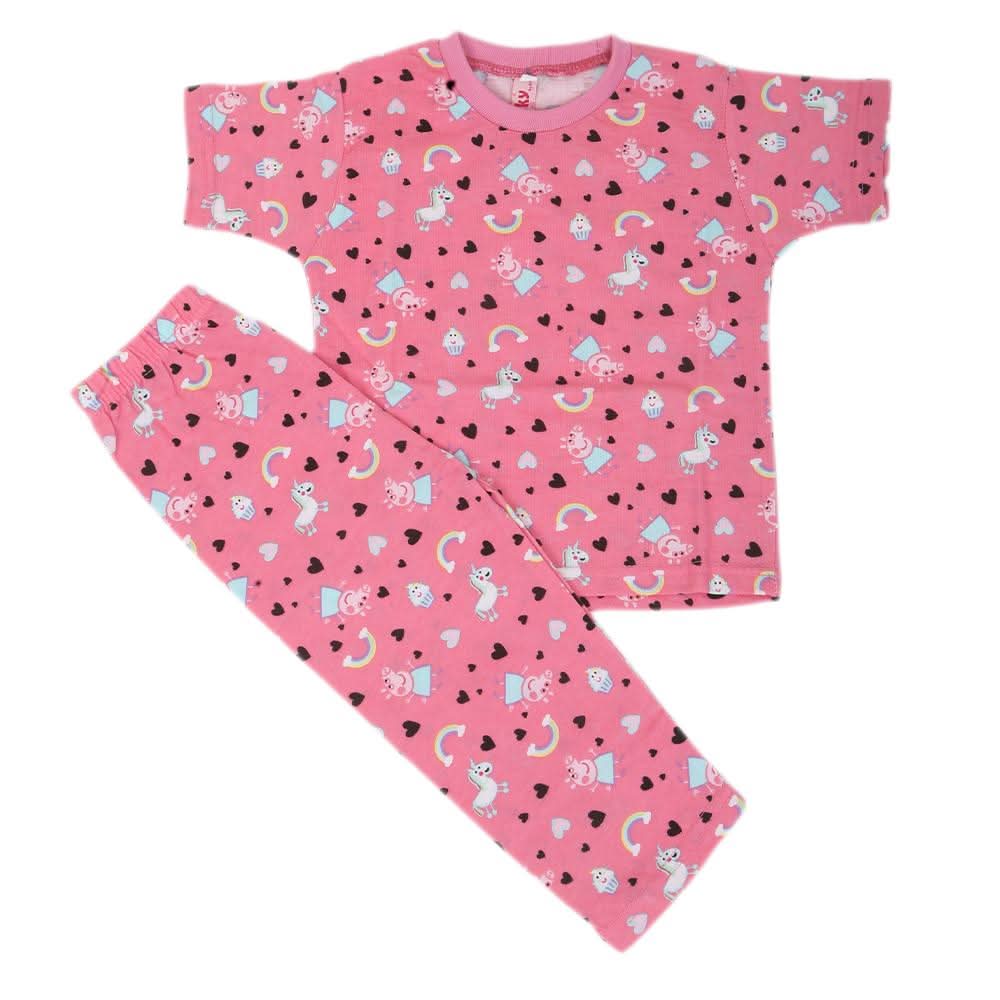 Girls Round Neck Night Suit  - Pink, Kids, Girls Sets And Suits, Chase Value, Chase Value