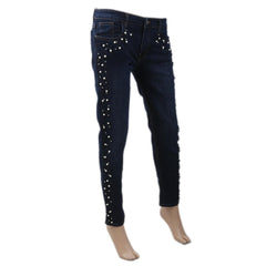 Women's Denim Pant With Pearl - Dark Blue, Women, Pants & Tights, Chase Value, Chase Value