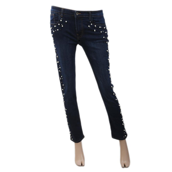 Women's Denim Pant With Pearl - Dark Blue, Women, Pants & Tights, Chase Value, Chase Value