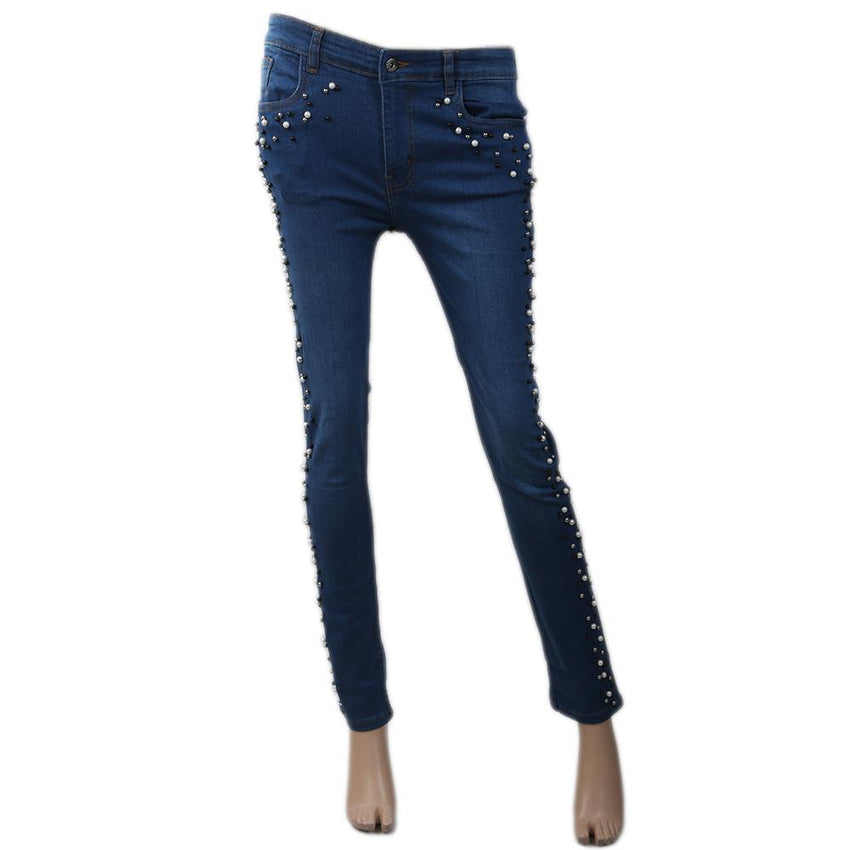 Women's Denim Pant With Pearl - Light Blue, Women, Pants & Tights, Chase Value, Chase Value