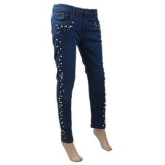 Women's Denim Pant With Pearl - Mid Blue, Women, Pants & Tights, Chase Value, Chase Value
