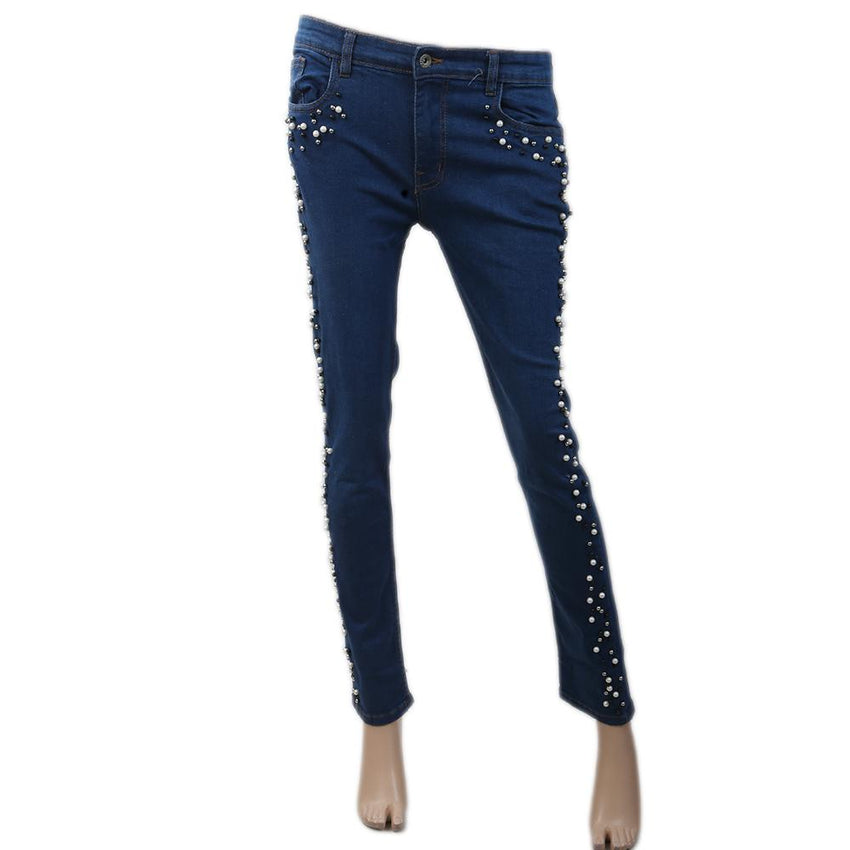 Women's Denim Pant With Pearl - Mid Blue, Women, Pants & Tights, Chase Value, Chase Value