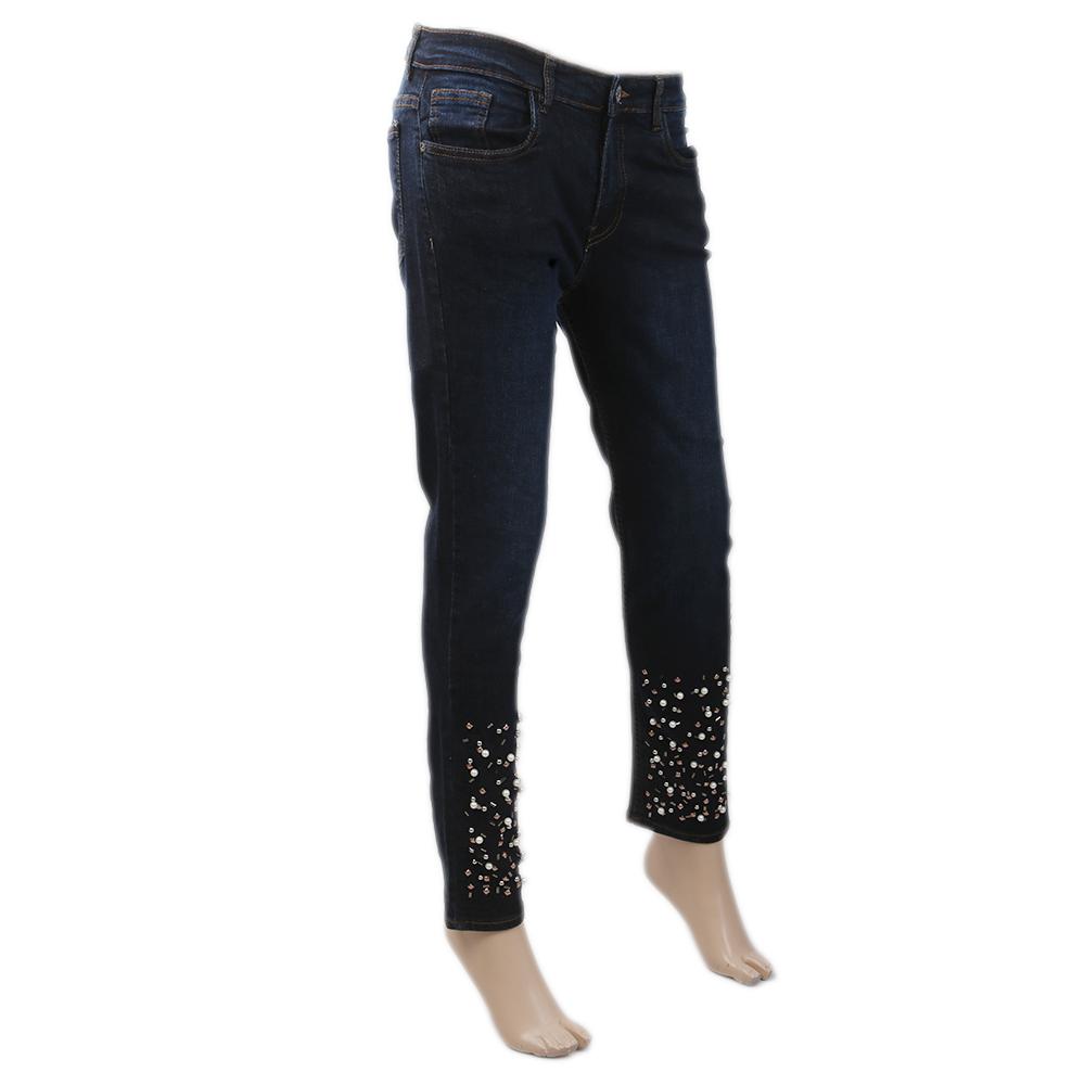 Women's Denim Pant With Bottom Pearl  - Dark Blue, Women, Pants & Tights, Chase Value, Chase Value