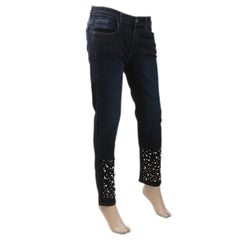 Women's Denim Pant With Bottom Pearl  - Dark Blue, Women, Pants & Tights, Chase Value, Chase Value