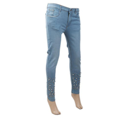 Women's Denim Pant With Bottom Pearl  - Light Blue, Women, Pants & Tights, Chase Value, Chase Value