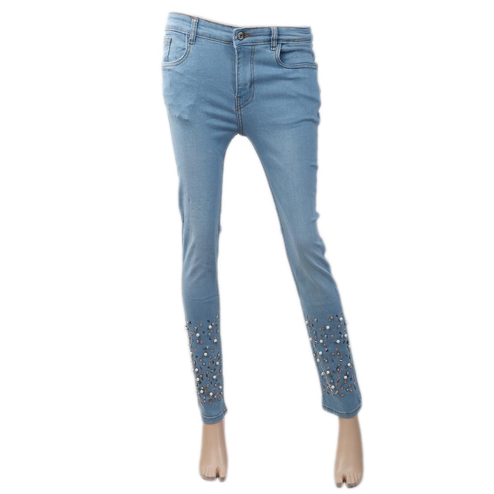 Women's Denim Pant With Bottom Pearl  - Light Blue, Women, Pants & Tights, Chase Value, Chase Value