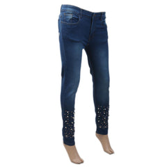 Women's Denim Pant With Bottom Pearl  - Mid Blue, Women, Pants & Tights, Chase Value, Chase Value