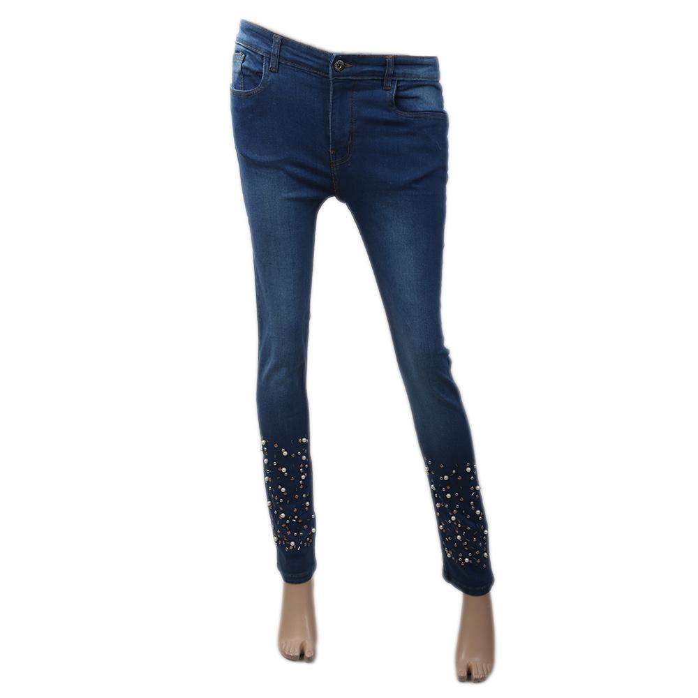 Women's Denim Pant With Bottom Pearl  - Mid Blue, Women, Pants & Tights, Chase Value, Chase Value