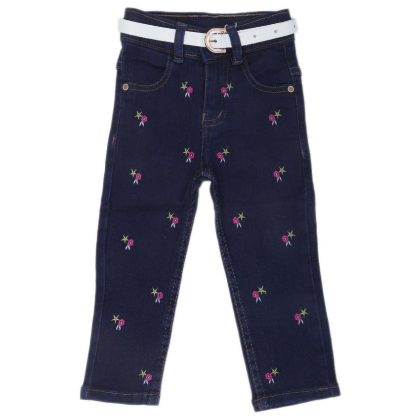 Girls Embroidered Denim Pant - Dark Blue, Kids, Girls Pants And Capri, Chase Value, Chase Value