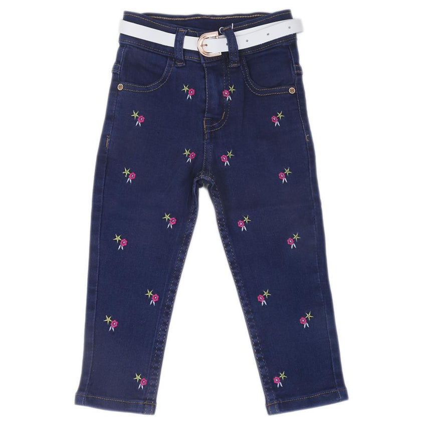 Girls Embroidered Denim Pant - Navy Blue, Kids, Girls Pants And Capri, Chase Value, Chase Value