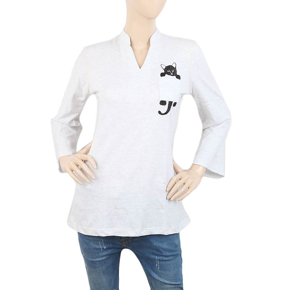 Women's  Embroided Top With Front Pocket ( Zel) - Grey, Women, T-Shirts And Tops, Chase Value, Chase Value