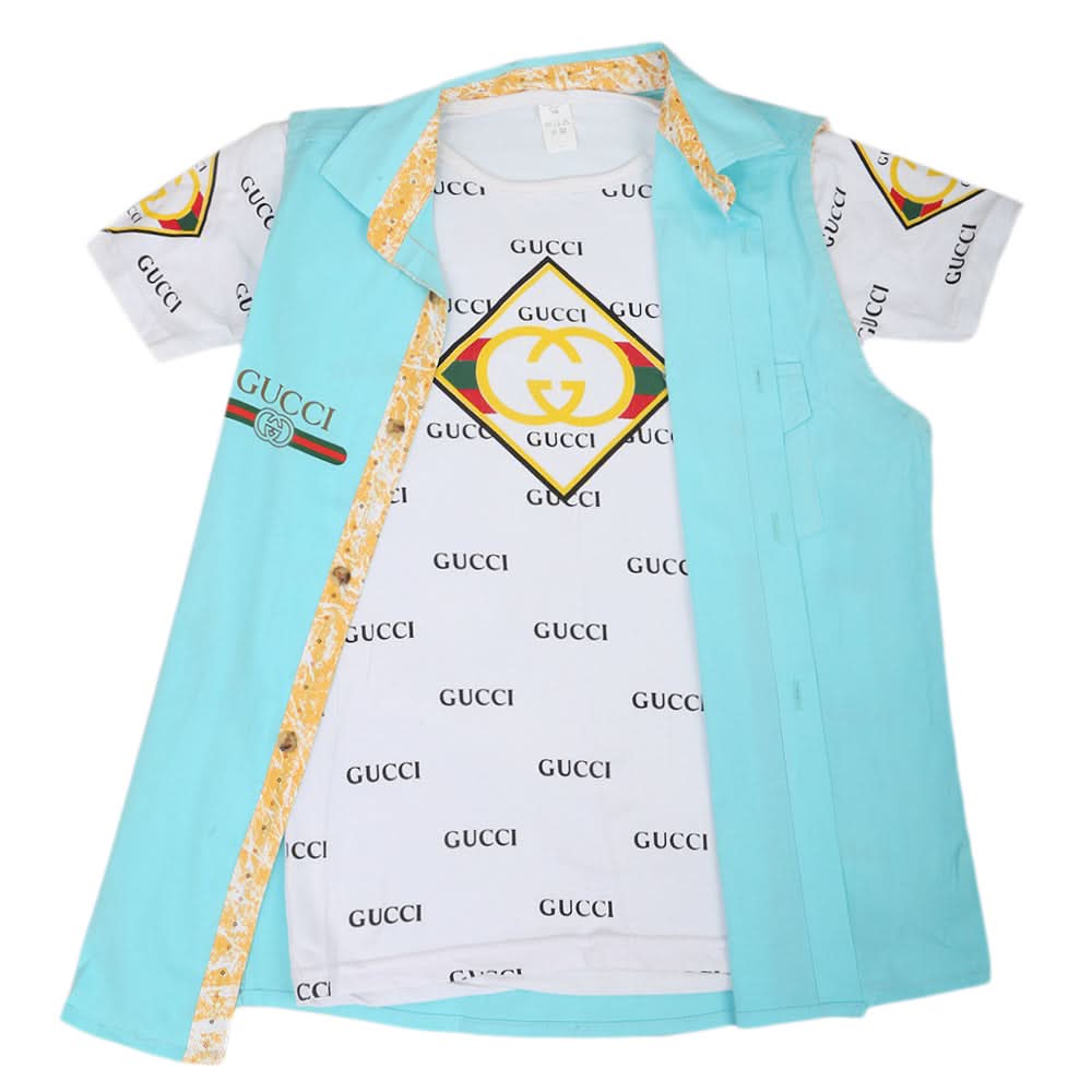 Boys Casual 2 Pcs Half Sleeves Shirt I40 - Cyan, Kids, Boys Shirts, Chase Value, Chase Value