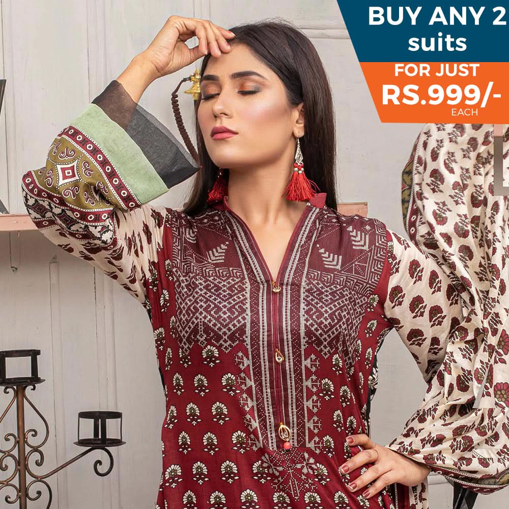Three Star Printed Lawn 3 Pcs Un-Stitched Suit Vol 5 - 3-A, Women, 3Pcs Shalwar Suit, Al-Dawood Textiles, Chase Value