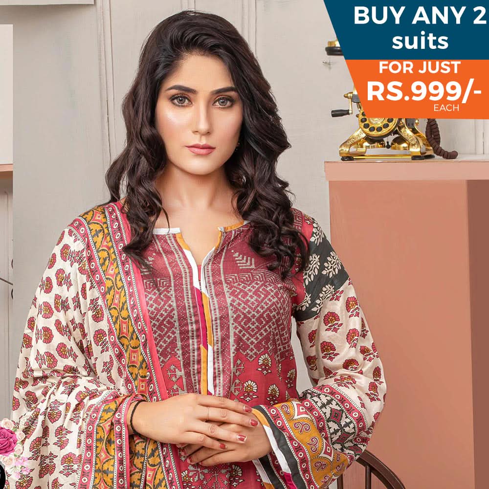 Three Star Printed Lawn 3 Pcs Un-Stitched Suit Vol 5 - 3-B, Women, 3Pcs Shalwar Suit, Al-Dawood Textiles, Chase Value