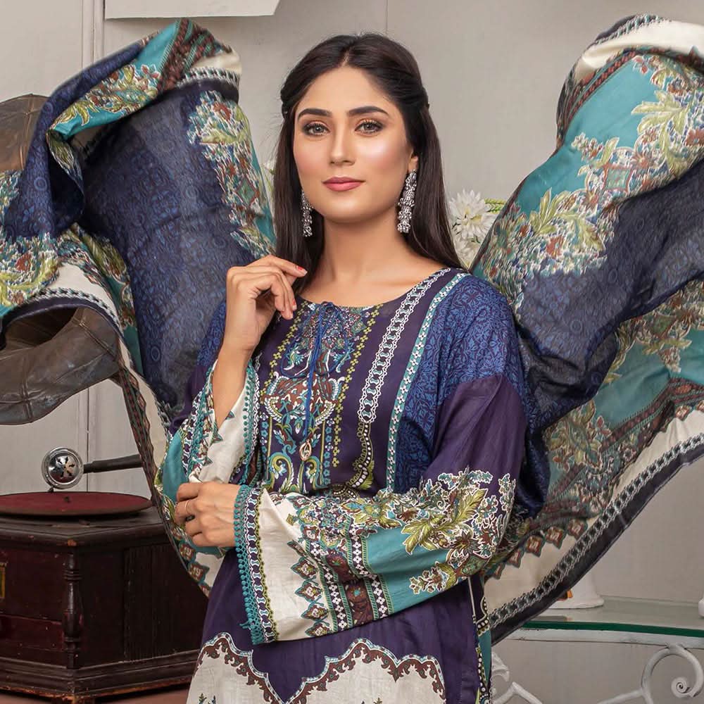 Three Star Printed Lawn 3 Pcs Un-Stitched Suit Vol 5 - 8-B, Women, 3Pcs Shalwar Suit, Al-Dawood Textiles, Chase Value