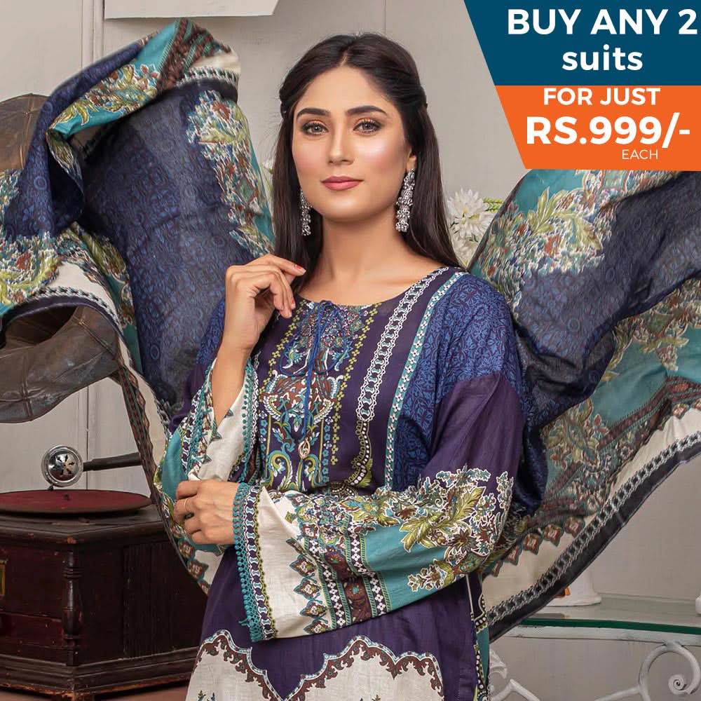 Three Star Printed Lawn 3 Pcs Un-Stitched Suit Vol 5 - 8-B, Women, 3Pcs Shalwar Suit, Al-Dawood Textiles, Chase Value