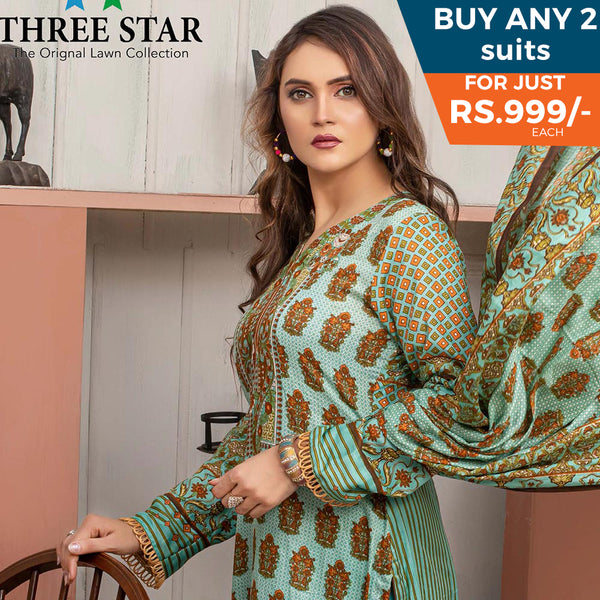 Three Star Printed Lawn 3 Pcs Un-Stitched Suit Vol 5 - 10-A, Women, 3Pcs Shalwar Suit, Al Dawood Textiles, Chase Value