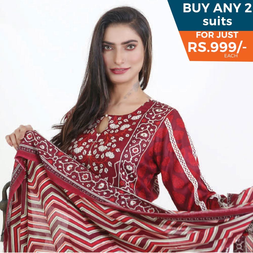 Three Star Printed Lawn 3 Pcs Un-Stitched Suit Vol 4 - 1-A, Women, 3Pcs Shalwar Suit, Al-Dawood Textiles, Chase Value