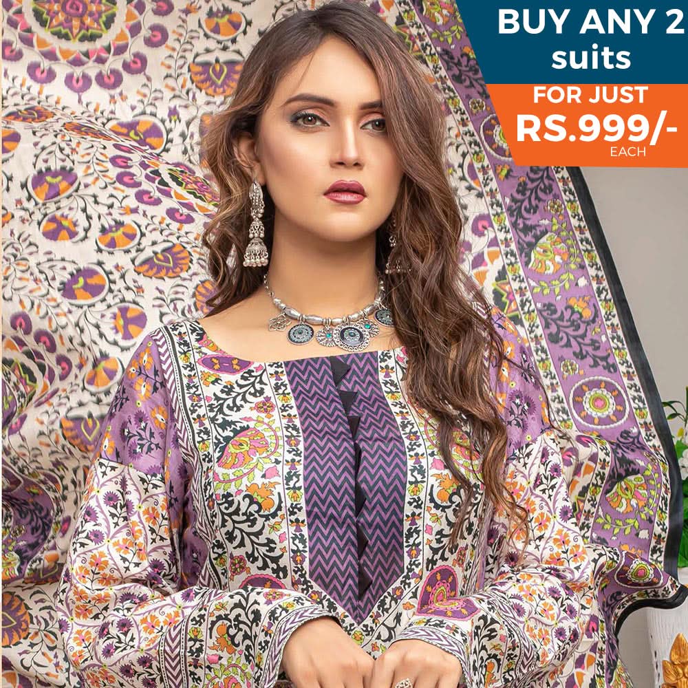 Three Star Printed Lawn 3 Pcs Un-Stitched Suit Vol 5 - 1-B, Women, 3Pcs Shalwar Suit, Al-Dawood Textiles, Chase Value