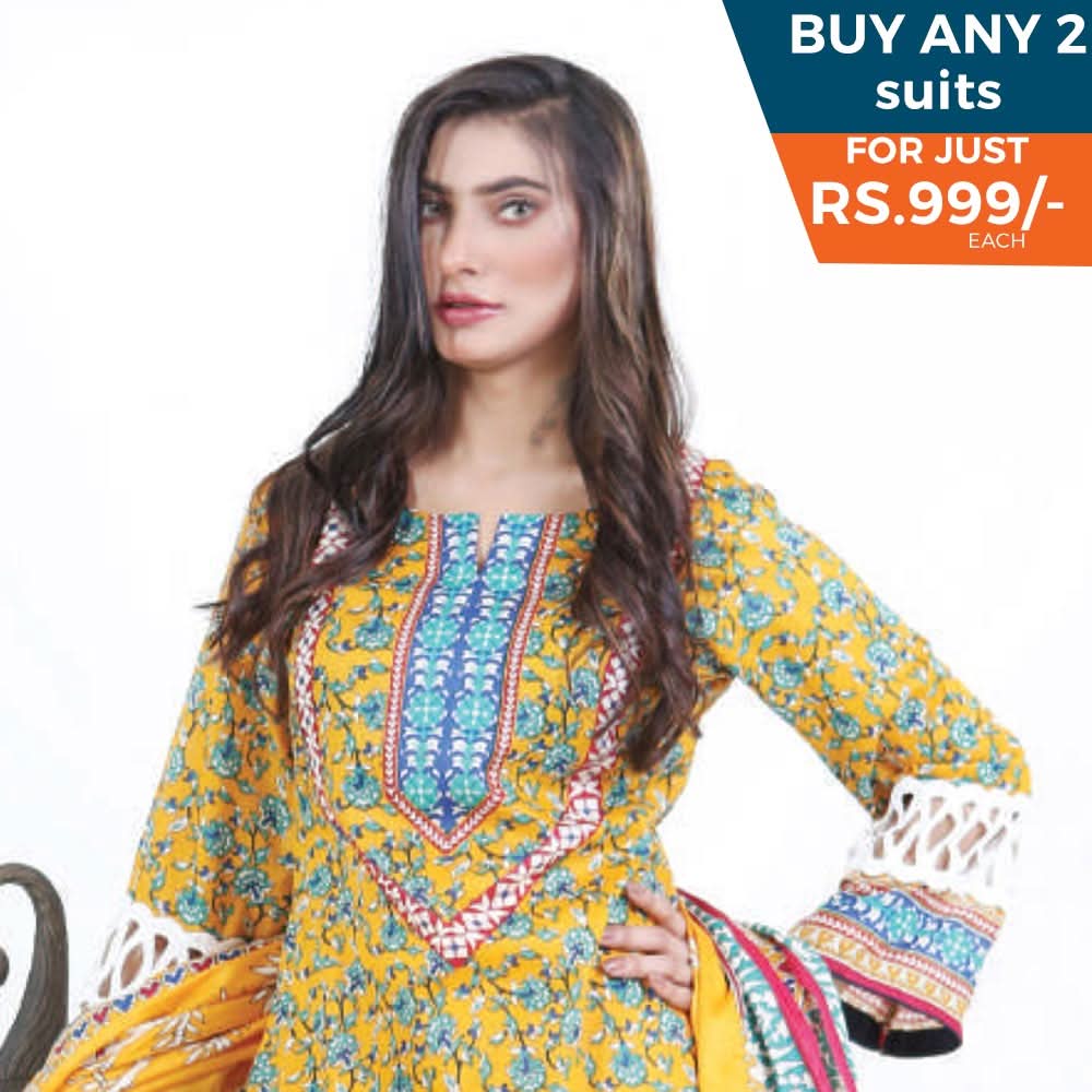 Three Star Printed Lawn 3 Pcs Un-Stitched Suit Vol 4 - 2-A, Women, 3Pcs Shalwar Suit, Al-Dawood Textiles, Chase Value