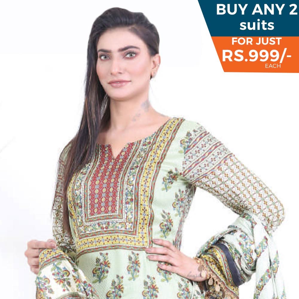 Three Star Printed Lawn 3 Pcs Un-Stitched Suit Vol 4 - 5-A, Women, 3Pcs Shalwar Suit, Al-Dawood Textiles, Chase Value