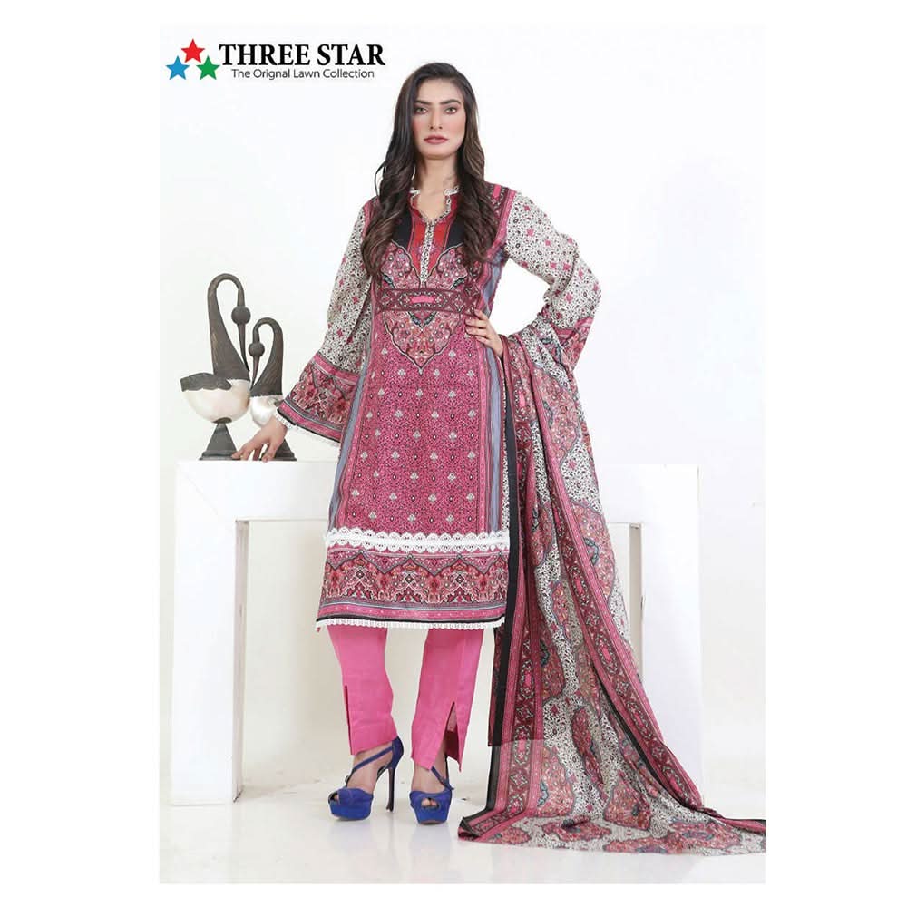 Three Star Printed Lawn 3 Pcs Un-Stitched Suit Vol 4 - 7-A, Women, 3Pcs Shalwar Suit, Al-Dawood Textiles, Chase Value