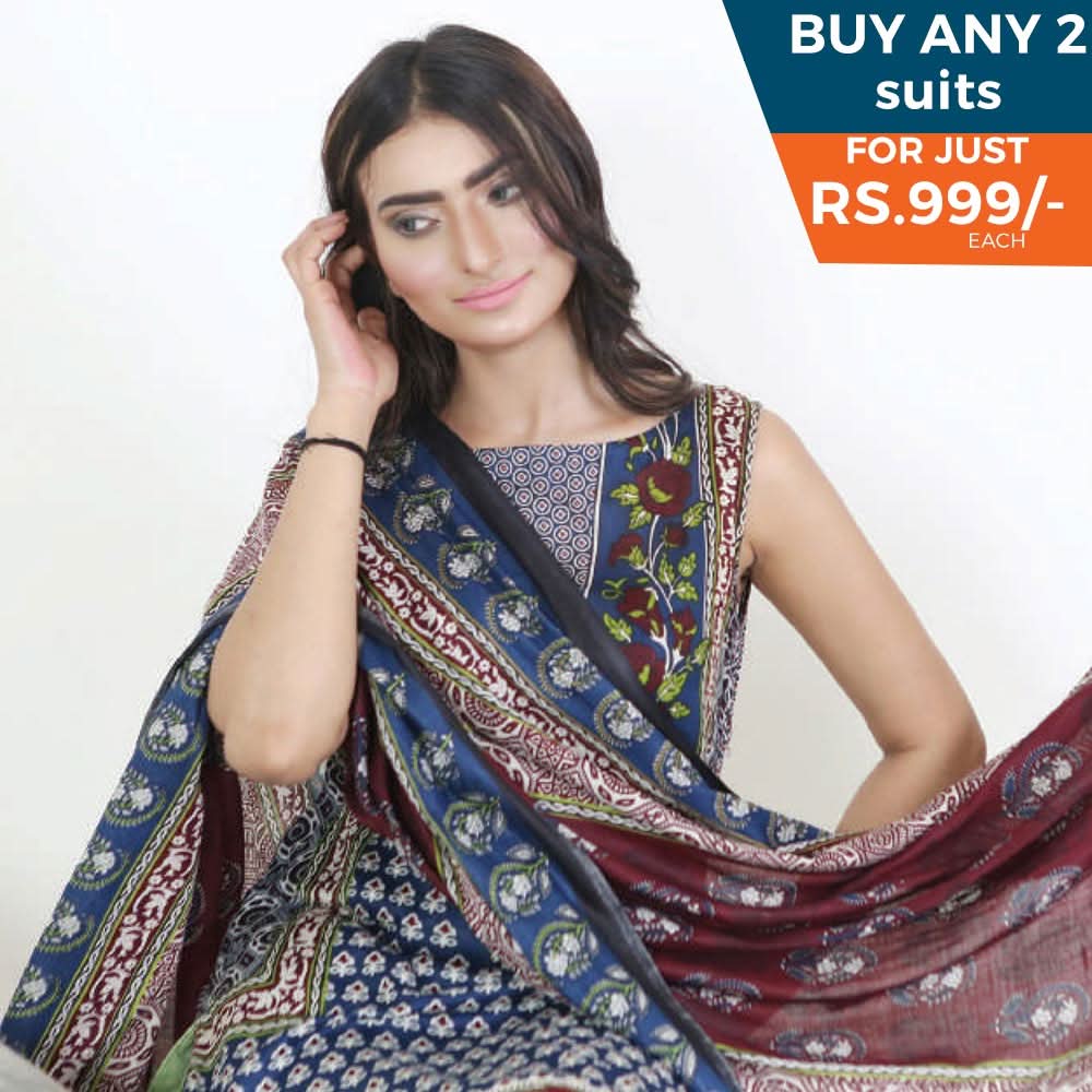 Three Star Printed Lawn 3 Pcs Un-Stitched Suit Vol 4 - 9-B, Women, 3Pcs Shalwar Suit, Al-Dawood Textiles, Chase Value