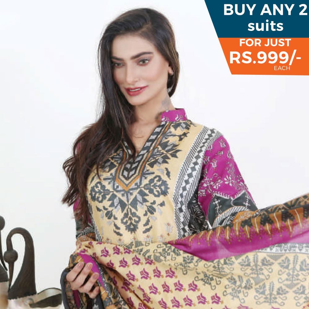 Three Star Printed Lawn 3 Pcs Un-Stitched Suit Vol 4 - 10-A, Women, 3Pcs Shalwar Suit, Al-Dawood Textiles, Chase Value