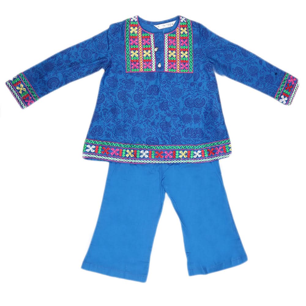 Girls Embroidered Cotton Suit 2 Pcs - Blue, Kids, Girls Sets And Suits, Chase Value, Chase Value
