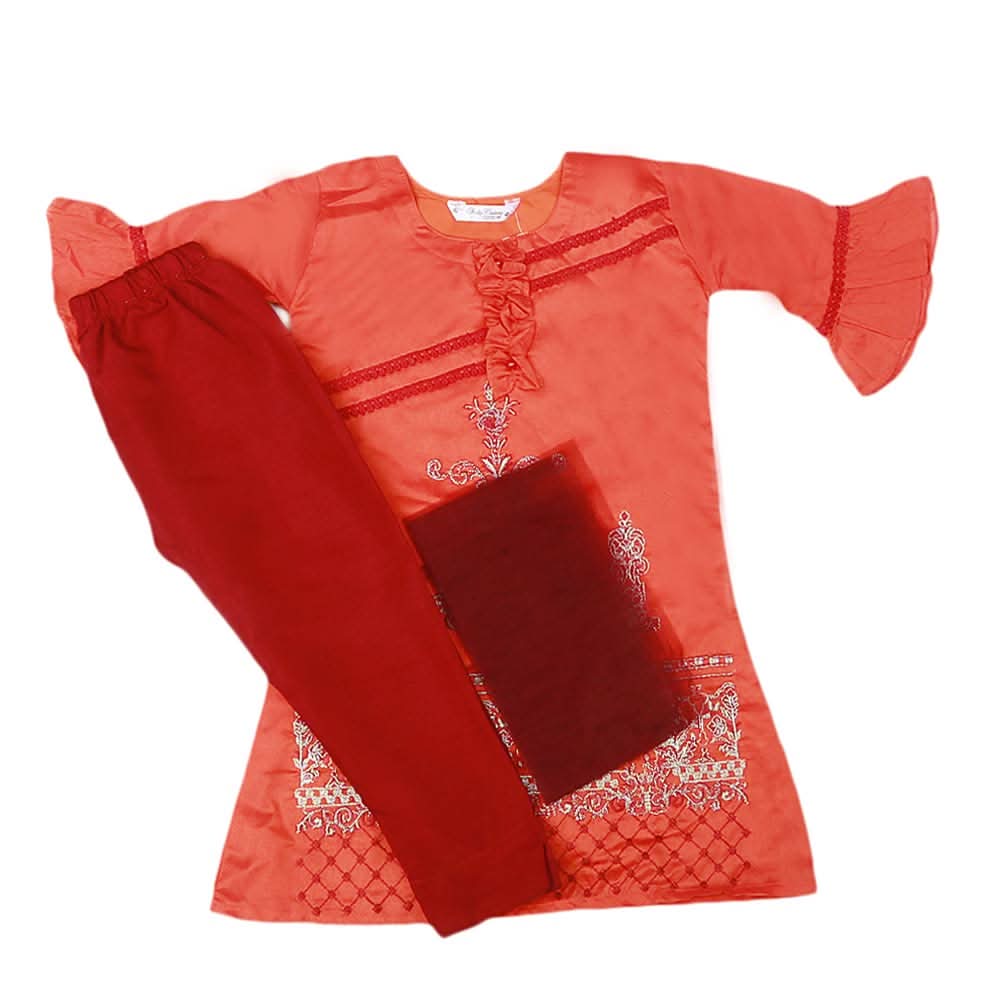 Girls Embroidered Masuri Suit 3 Pcs - Rust, Kids, Girls Sets And Suits, Chase Value, Chase Value