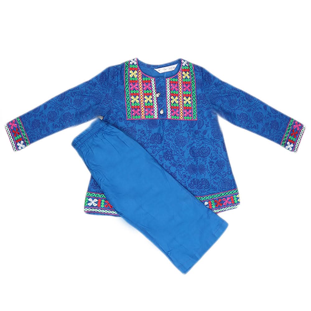 Girls Embroidered Cotton Suit 2 Pcs - Blue, Kids, Girls Sets And Suits, Chase Value, Chase Value