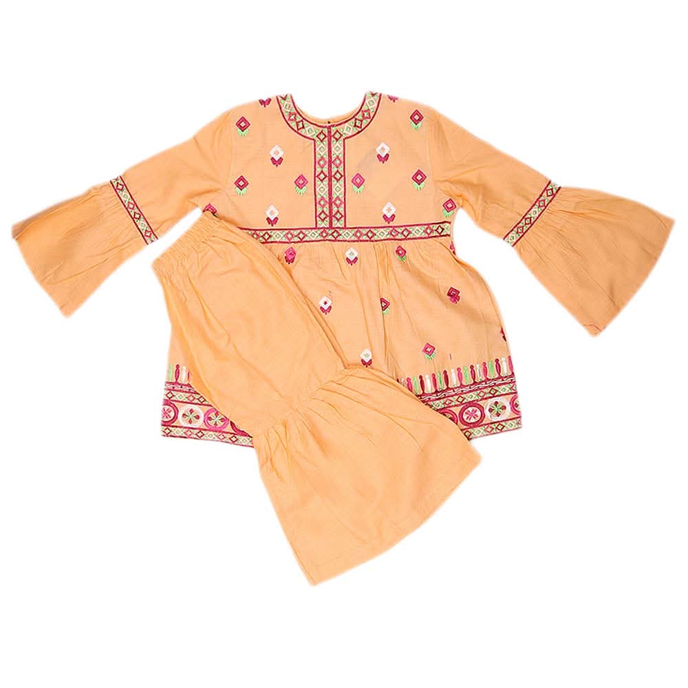 Girls Embroidered Cotton Suit 2 Pcs - Peach, Kids, Girls Sets And Suits, Chase Value, Chase Value