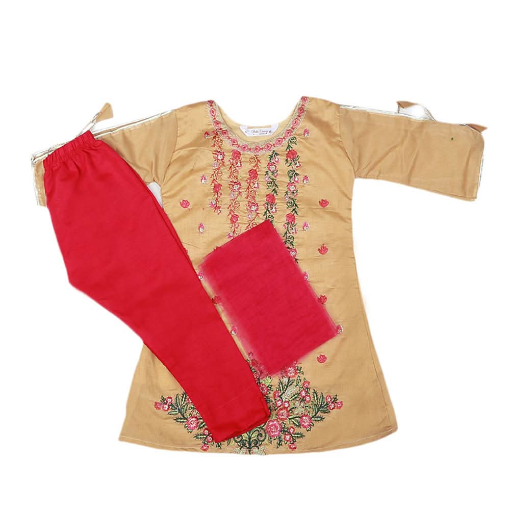 Girls Embroidered Masuri Suit 3 Pcs - Golden, Kids, Girls Sets And Suits, Chase Value, Chase Value