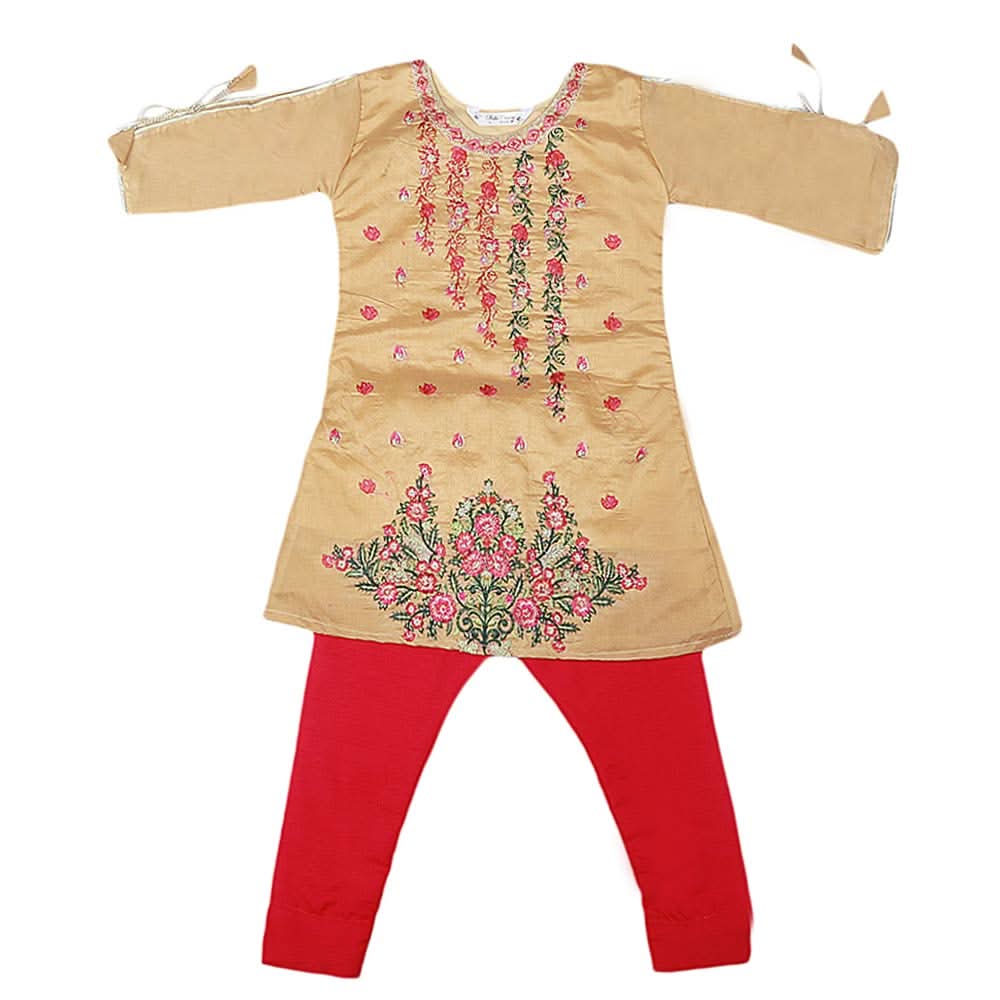 Girls Embroidered Masuri Suit 3 Pcs - Golden, Kids, Girls Sets And Suits, Chase Value, Chase Value