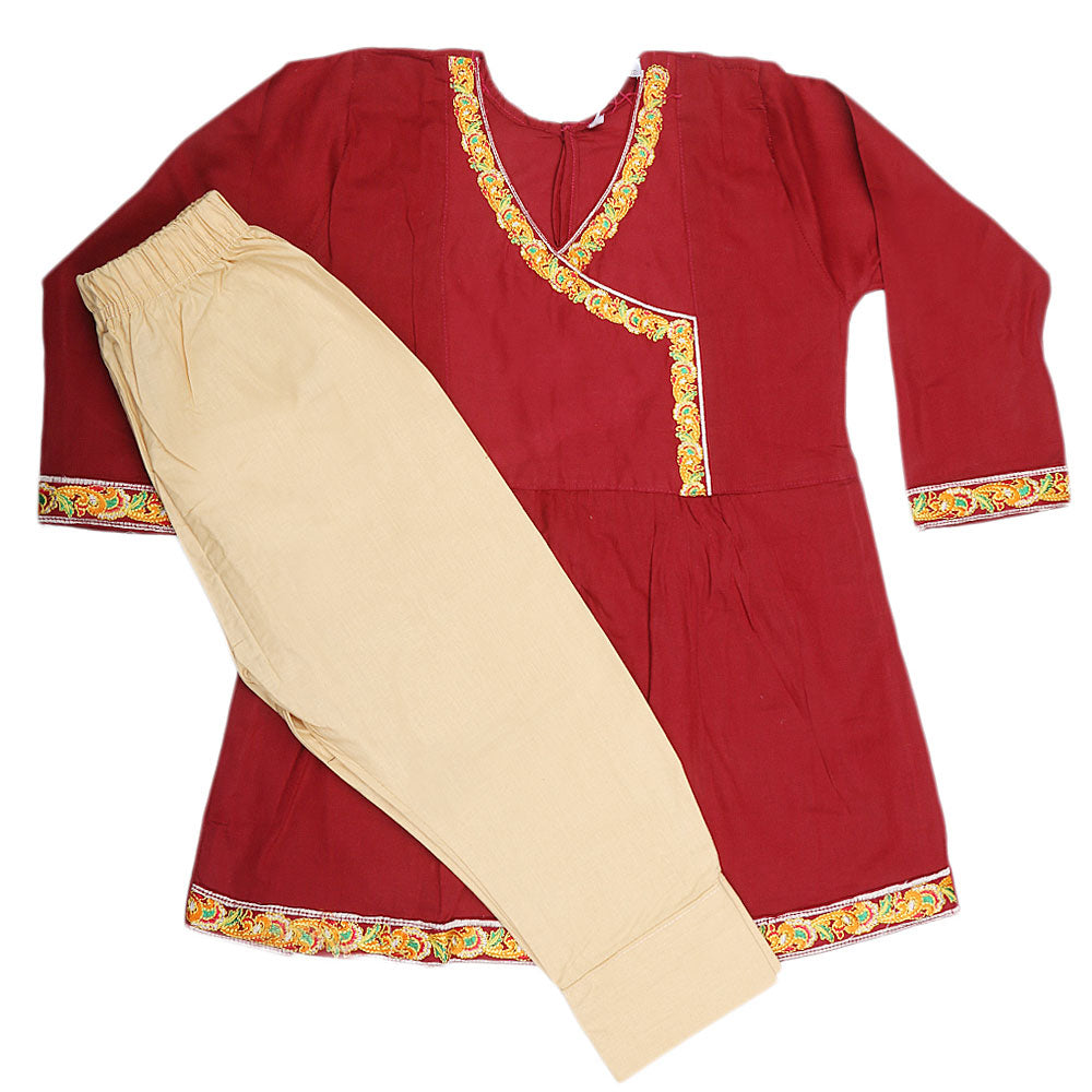 Girls Embroidered 2 Piece Suit - Maroon, Kids, Girls Sets And Suits, Chase Value, Chase Value